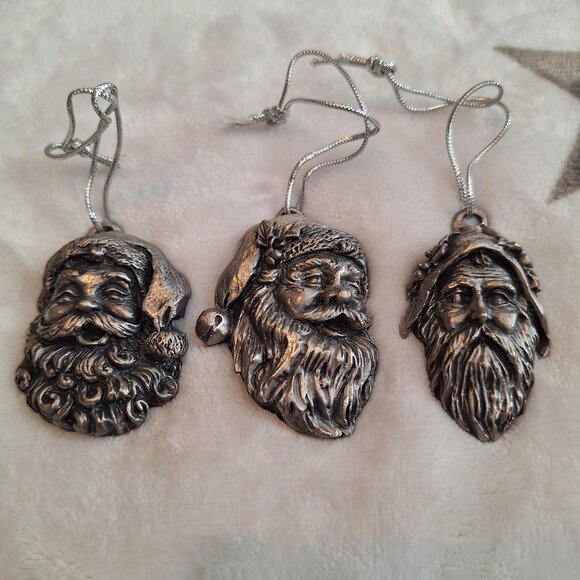 Set of 3 Heavy Metal Detailed Santa‎ Head Ornaments Silver Color St Nicholas - Picture 1 of 6